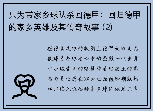 只为带家乡球队杀回德甲：回归德甲的家乡英雄及其传奇故事 (2)