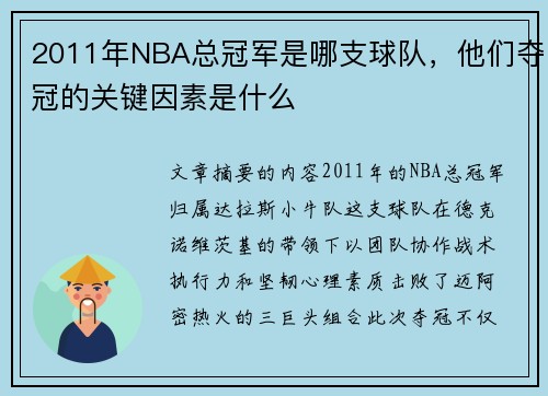 2011年NBA总冠军是哪支球队，他们夺冠的关键因素是什么